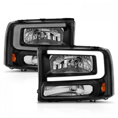 Powerstroke 1999-2004 Black Crystal Headlights With LED Plank Light Bar | Anzo 111549