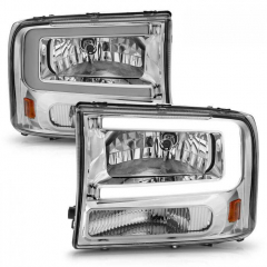 Powerstroke 1999-2004 Chrome Crystal Headlights With LED Plank Light Bar | Anzo 111550