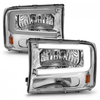 Powerstroke 1999-2004 Chrome Crystal Headlights With LED Plank Light Bar | Anzo 111550